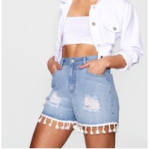 Boohoo High Waist Denim Shorts w/ White Tassels